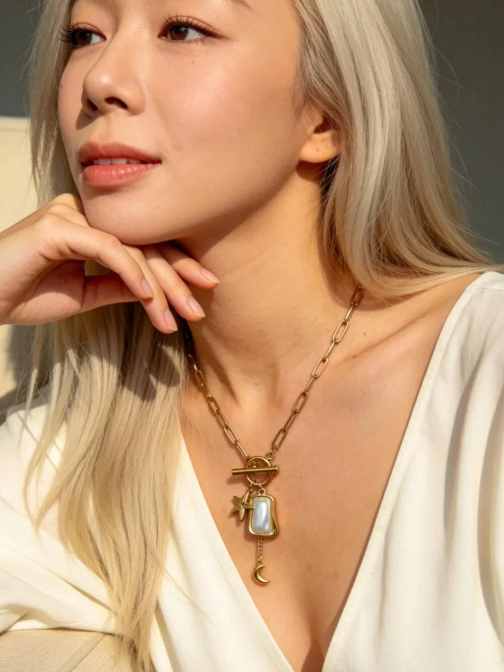 Gold Starfish Moon Charm Necklace Stainless Steel - Picture 7 of 13